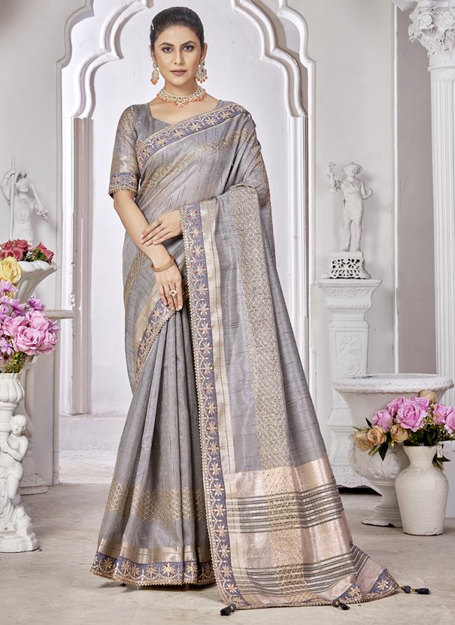 Top Dyed Silk Grey Wedding Wear Coding Work Saree